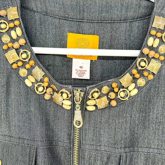 Ruby Rd. Embellished Black Denim Jacket‎ Zip Front Beaded Accents Women's SZ 12 - Picture 2 of 7
